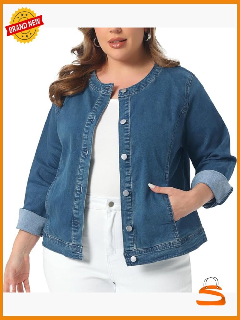 Plus Size Collarless Denim Jacket Button Down Cargo Shacket w/ Pockets